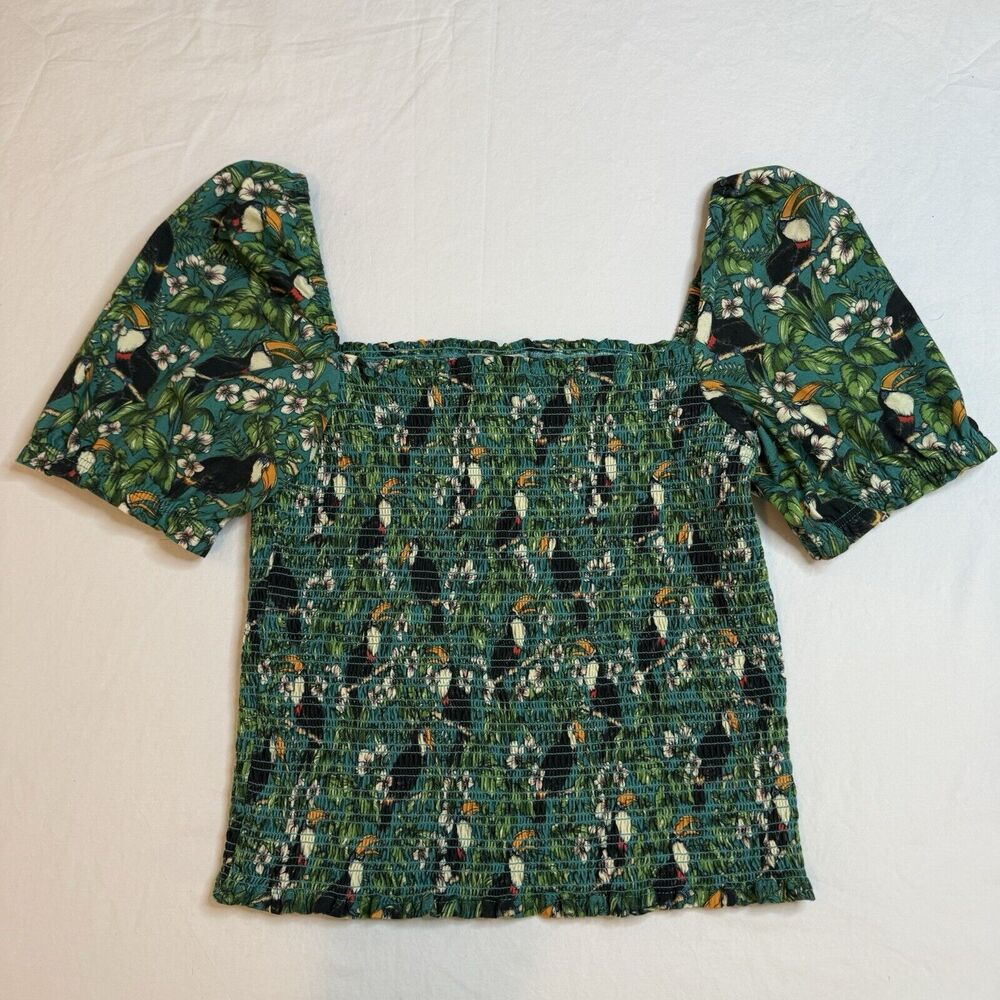 Dolan Left Coast Green Smocked Top Sm Puff Sleeve Tropical Toucan Anthropologie - Picture 9 of 11